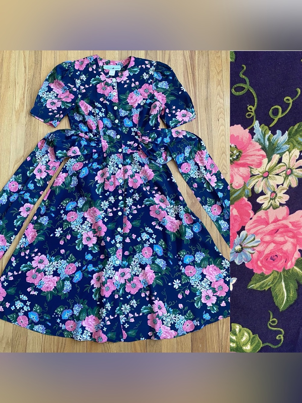 Vintage 80s JONATHAN MARTIN Dress *5/6* Navy Floral Button Front Tie Back